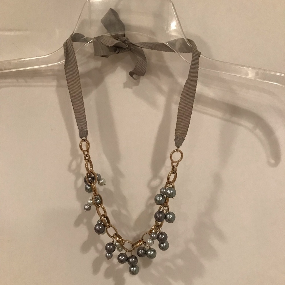 JCrew Two-Tone Gray Bead Necklace w/Grosgrain Tie